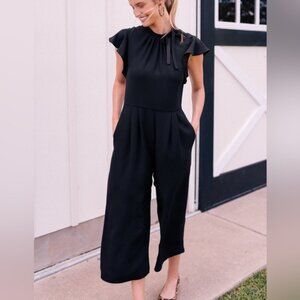 Gal Meets Glam Black Feminine Jumpsuit Preppy Bohemian Neutral Front Tie
